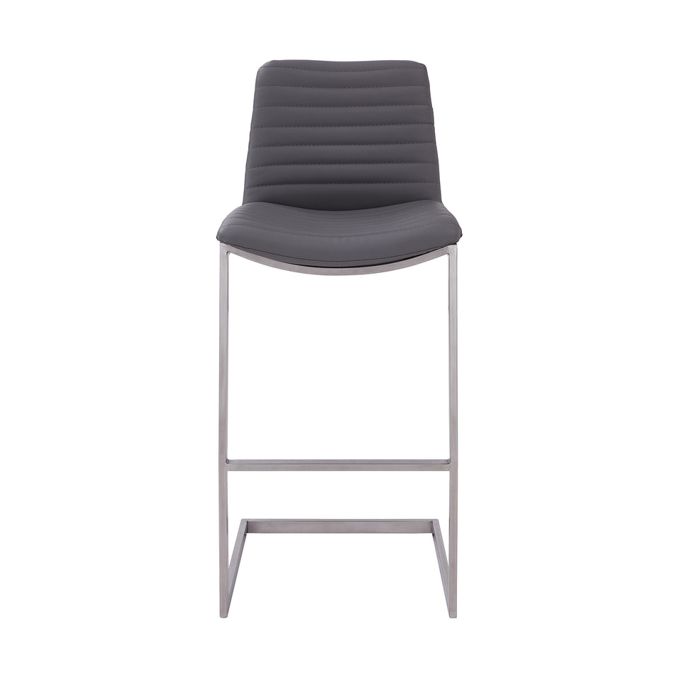 Lucas Contemporary 30" Bar Height Barstool in Brushed Stainless Steel Finish and Gray Faux Leather