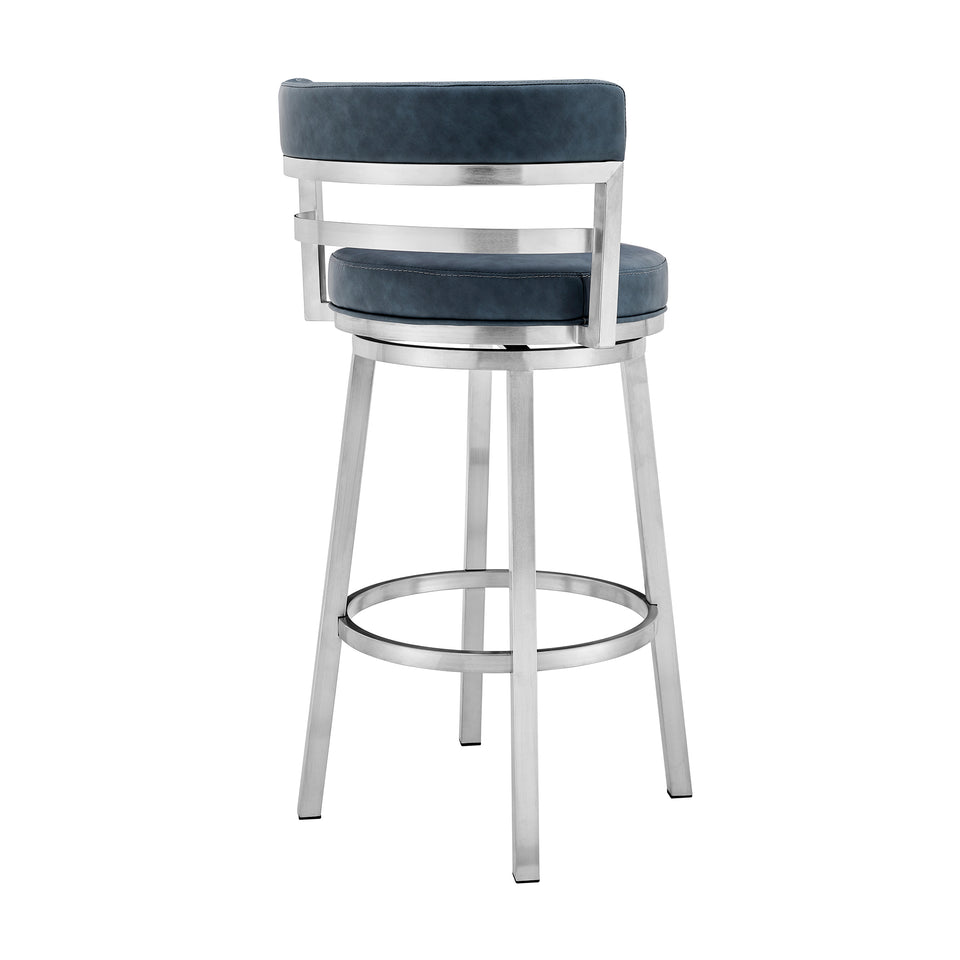 Madrid Contemporary 26" Counter Height Barstool in Brushed Stainless Steel Finish and Blue Faux Leather