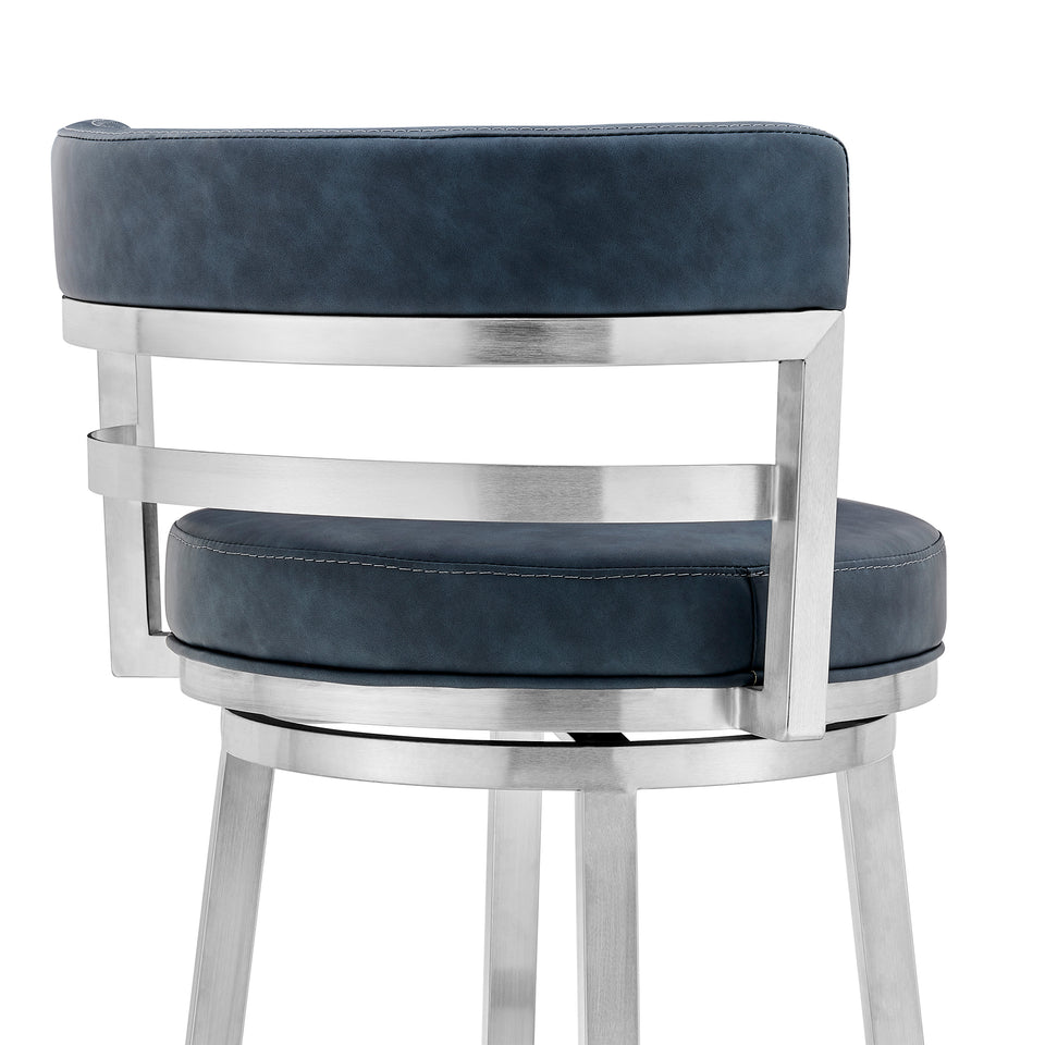 Madrid Contemporary 26" Counter Height Barstool in Brushed Stainless Steel Finish and Blue Faux Leather