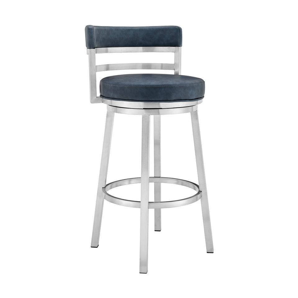 Madrid Contemporary 26" Counter Height Barstool in Brushed Stainless Steel Finish and Blue Faux Leather
