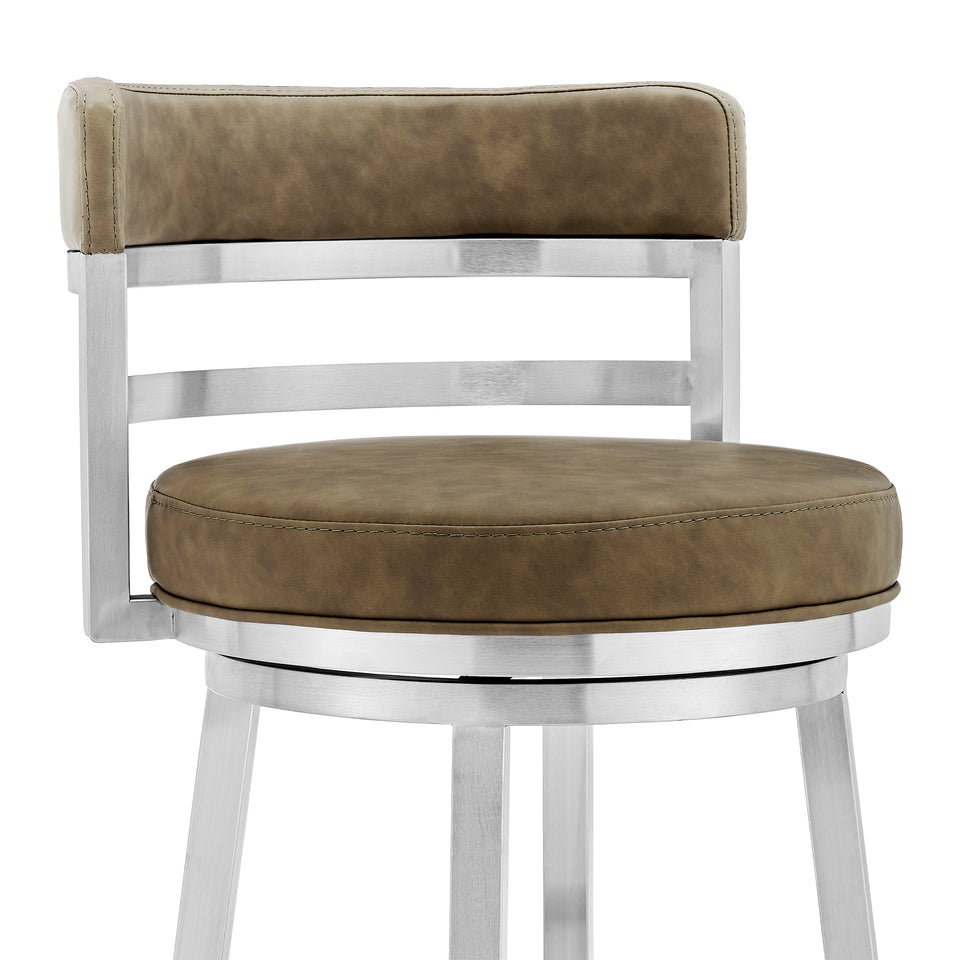 Madrid Contemporary 30" Counter Height Barstool in Brushed Stainless Steel Finish and Green Faux Leather