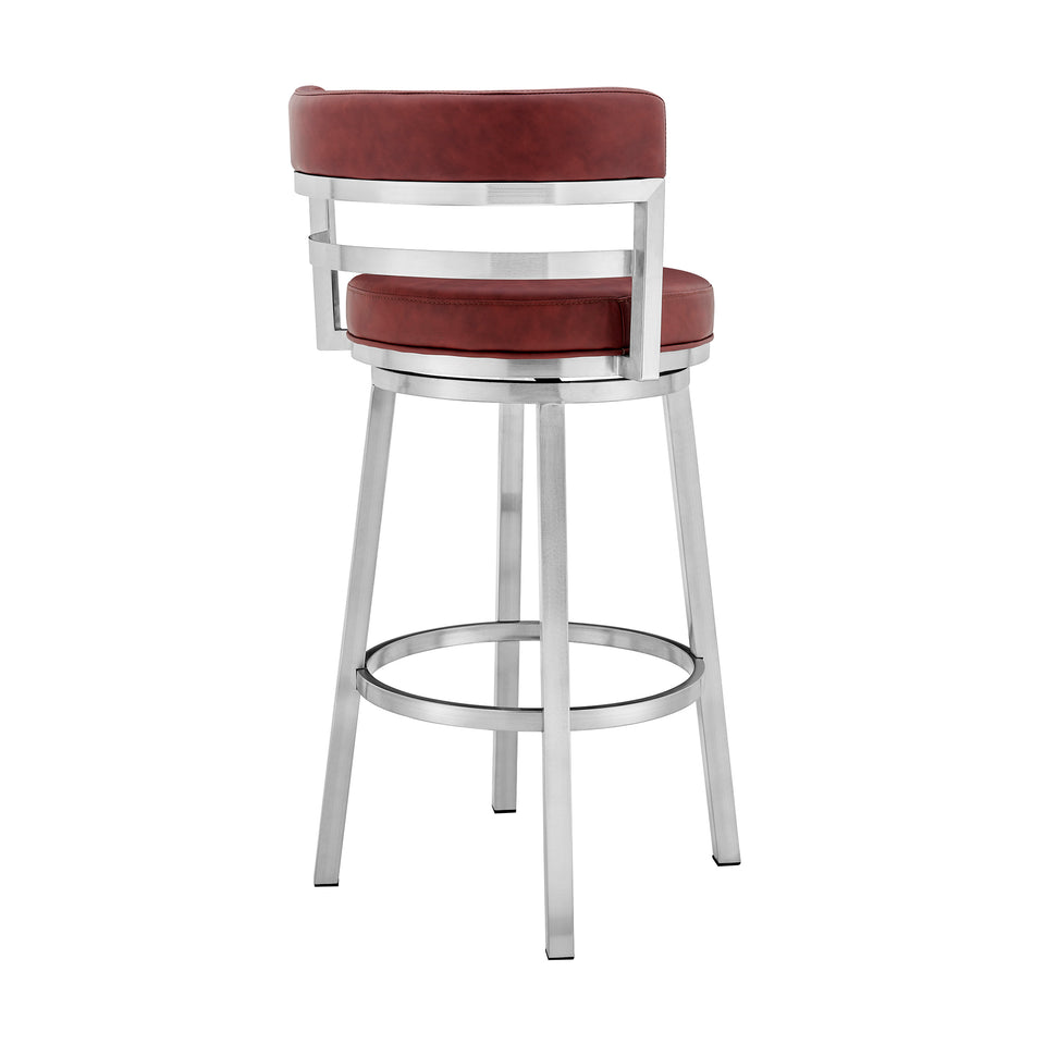 Madrid Contemporary 26" Counter Height Barstool in Brushed Stainless Steel Finish and Red Faux Leather