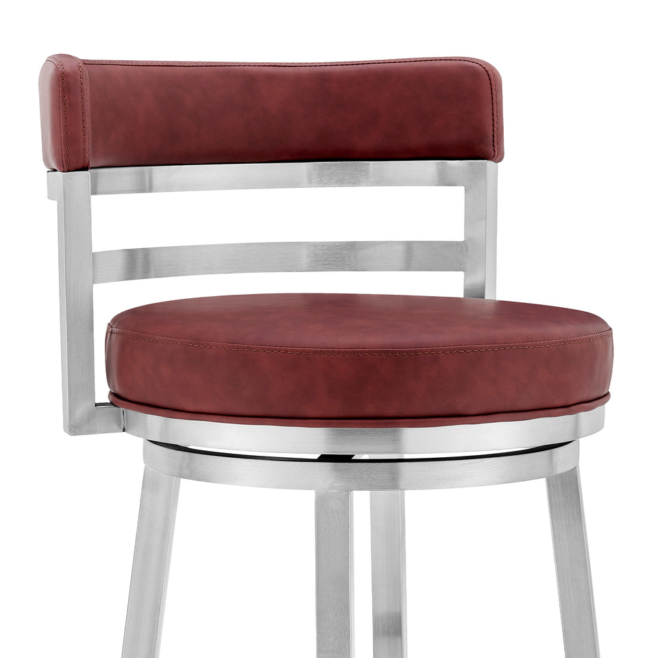 Madrid Contemporary 26" Counter Height Barstool in Brushed Stainless Steel Finish and Red Faux Leather