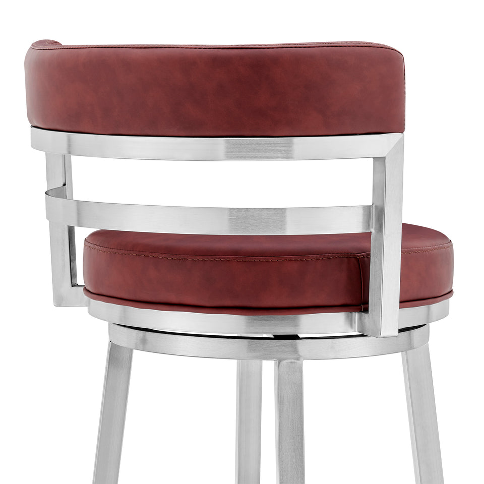 Madrid Contemporary 26" Counter Height Barstool in Brushed Stainless Steel Finish and Red Faux Leather