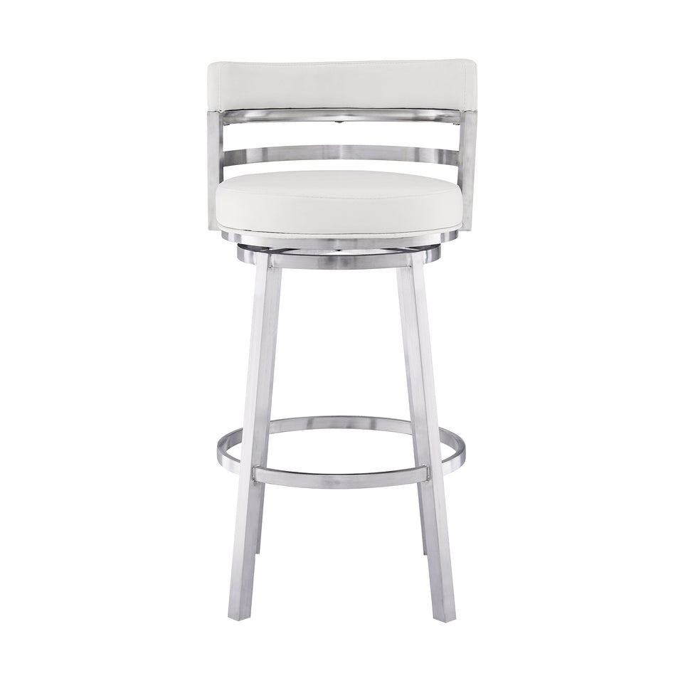Madrid Contemporary 30" Bar Height Barstool in Brushed Stainless Steel Finish and White Faux Leather