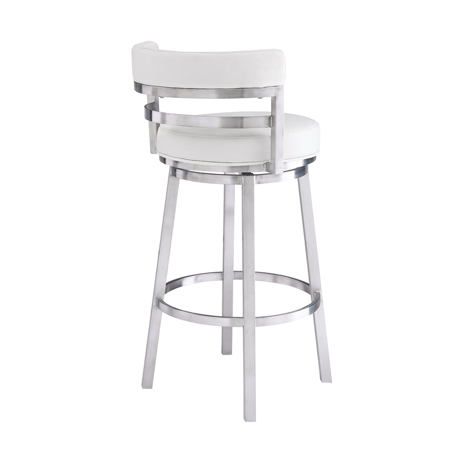 Madrid Contemporary 30" Bar Height Barstool in Brushed Stainless Steel Finish and White Faux Leather