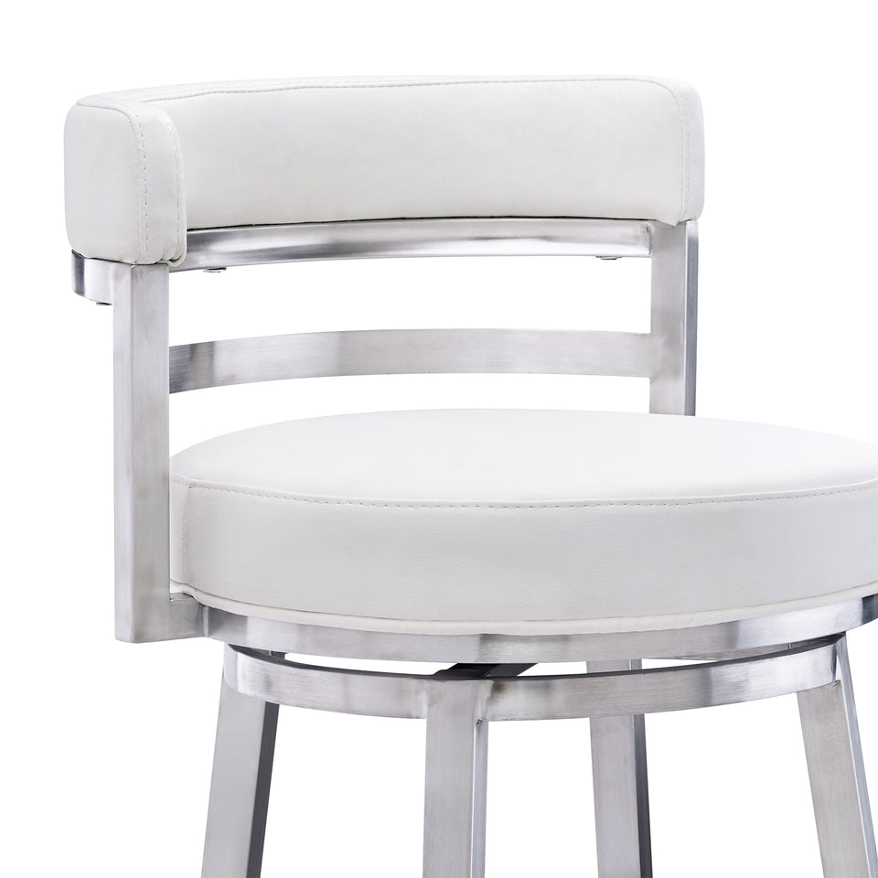 Madrid Contemporary 30" Bar Height Barstool in Brushed Stainless Steel Finish and White Faux Leather