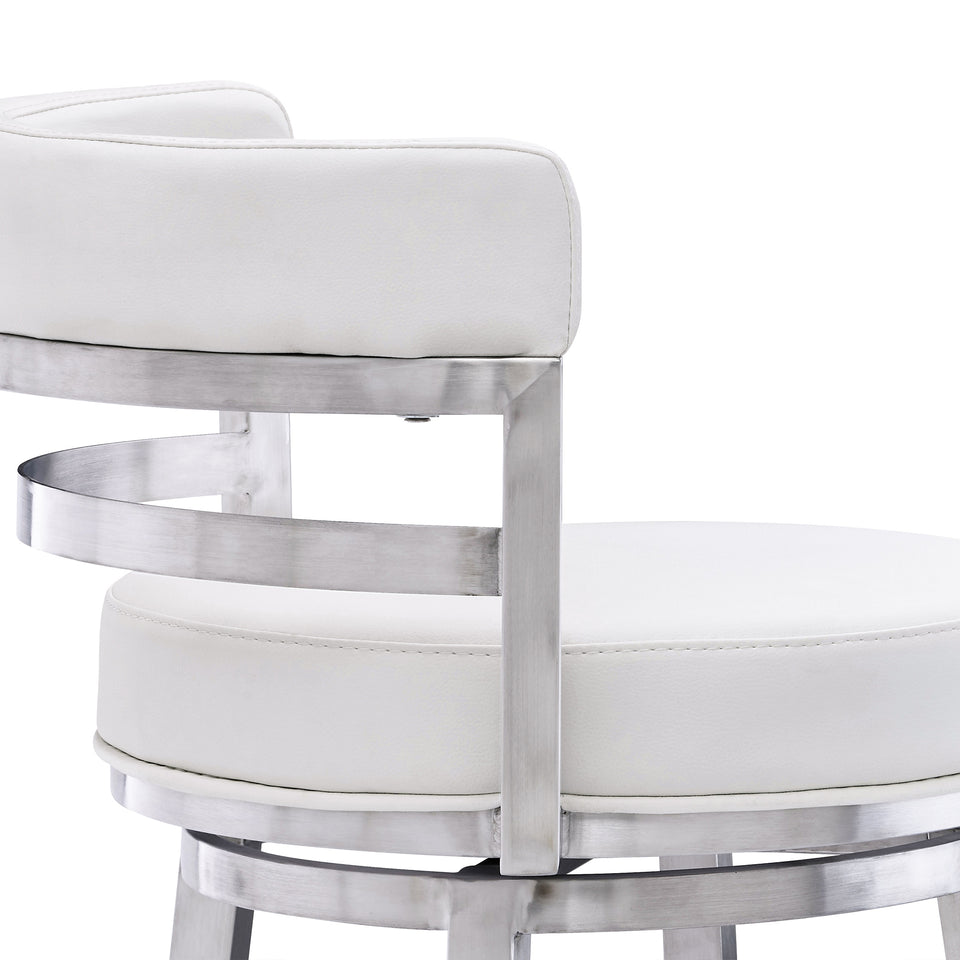 Madrid Contemporary 30" Bar Height Barstool in Brushed Stainless Steel Finish and White Faux Leather