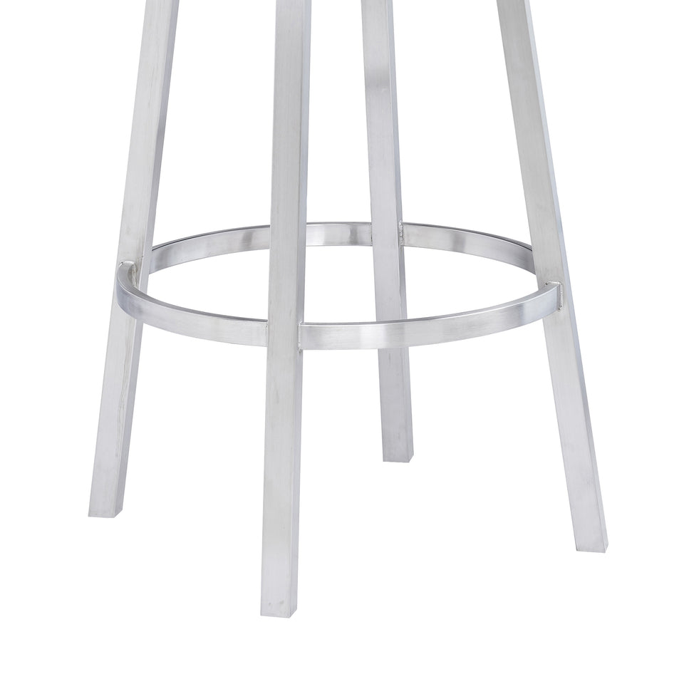 Madrid Contemporary 30" Bar Height Barstool in Brushed Stainless Steel Finish and White Faux Leather