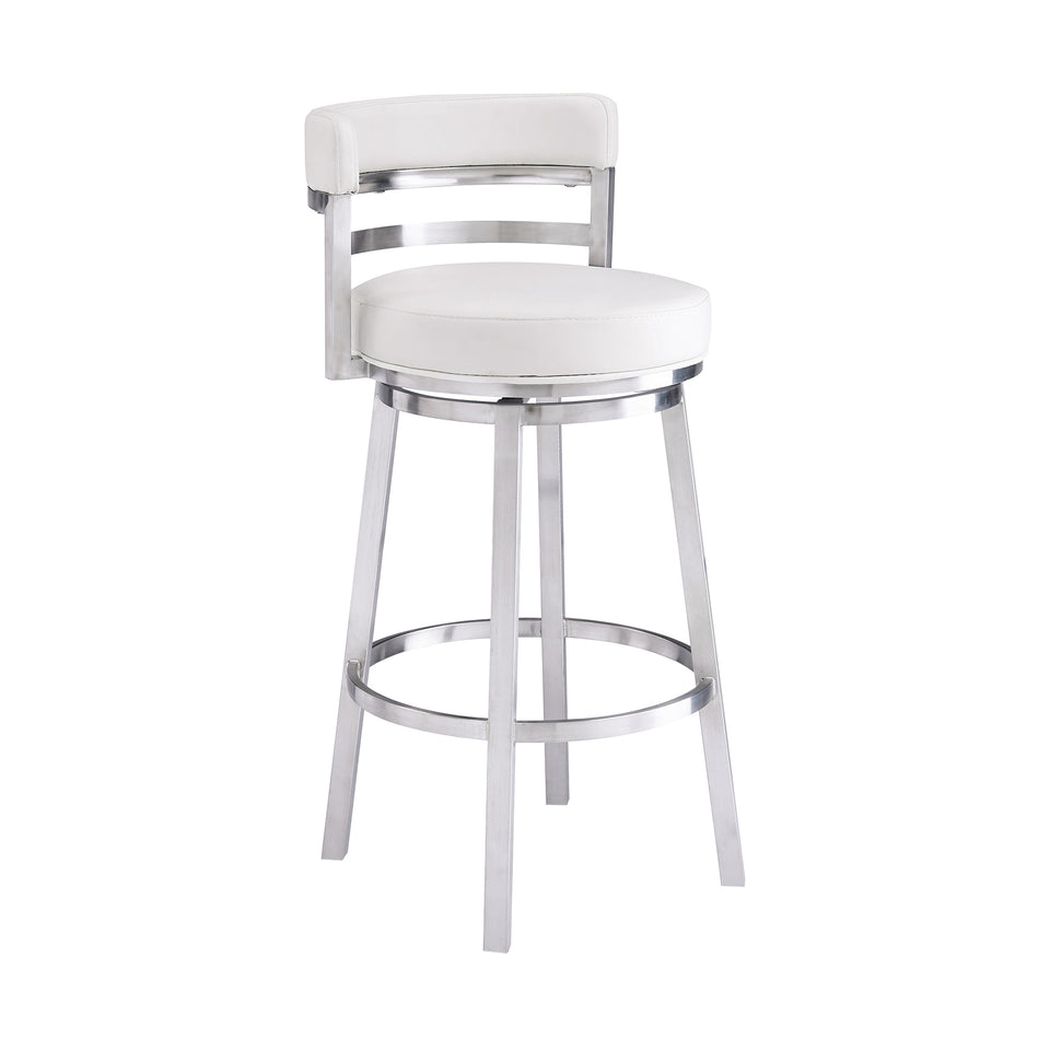 Madrid Contemporary 30" Bar Height Barstool in Brushed Stainless Steel Finish and White Faux Leather