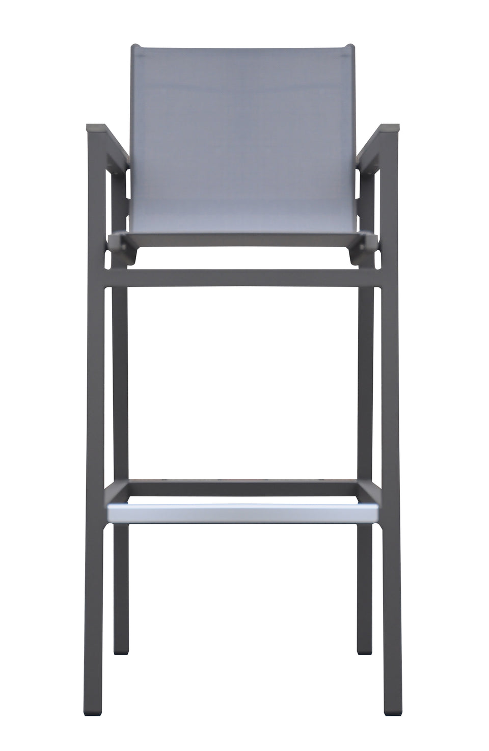Marina Outdoor Patio Barstool in Grey Powder Coated Finish with Grey Sling Textilene and Grey Wood Accent Arms