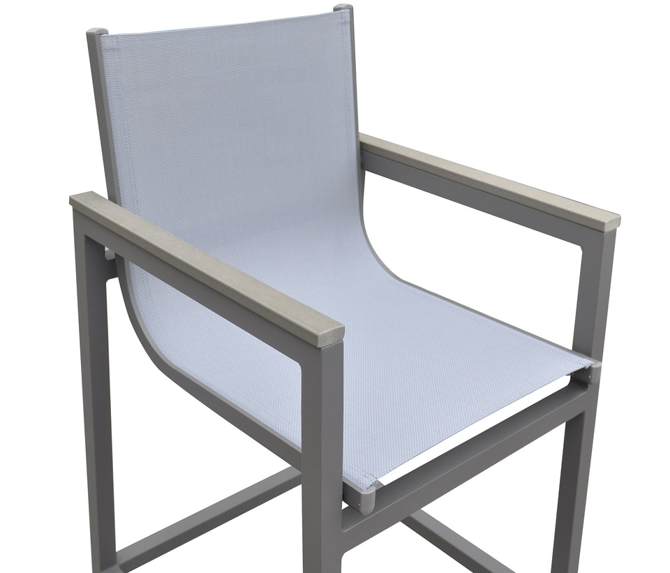 Marina Outdoor Patio Barstool in Grey Powder Coated Finish with Grey Sling Textilene and Grey Wood Accent Arms