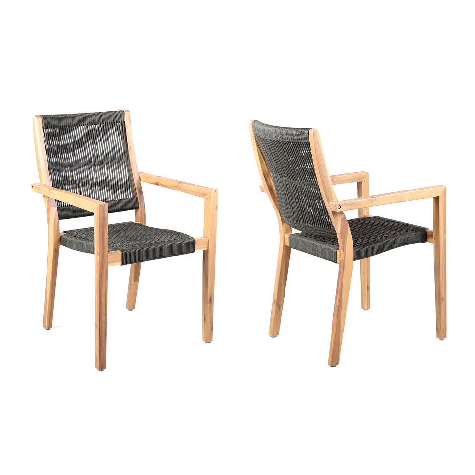 Madsen Outdoor Eucalyptus Wood and Charcoal Rope Dining Chairs with Grey Teak Finish - Set of 2