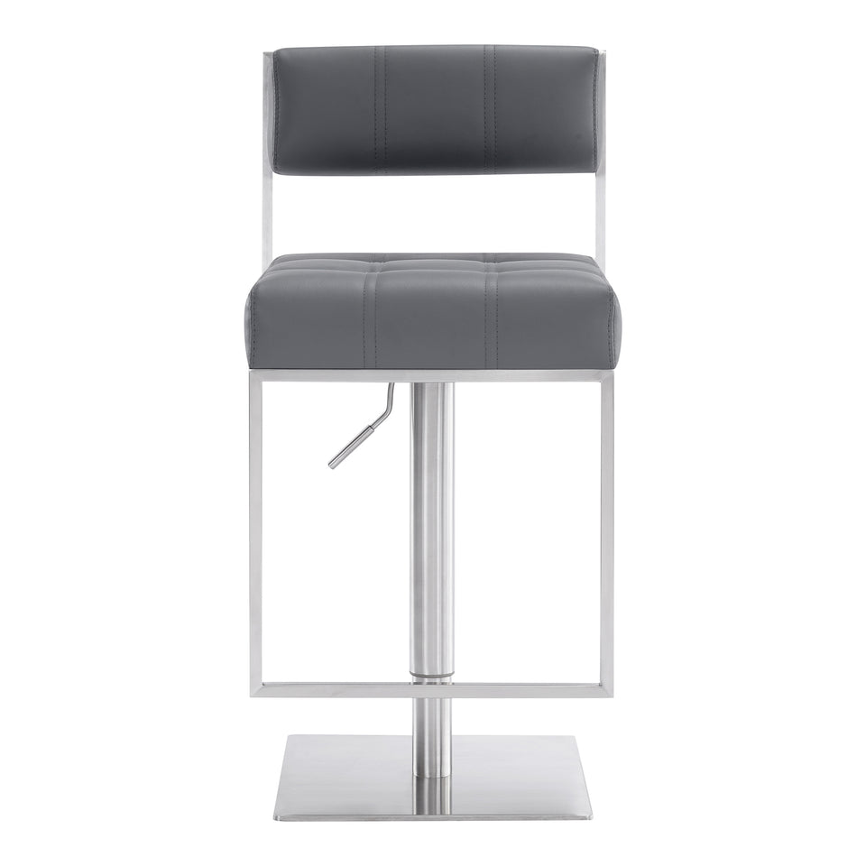 Michele Contemporary Swivel Barstool in Brushed Stainless Steel and Gray Faux Leather