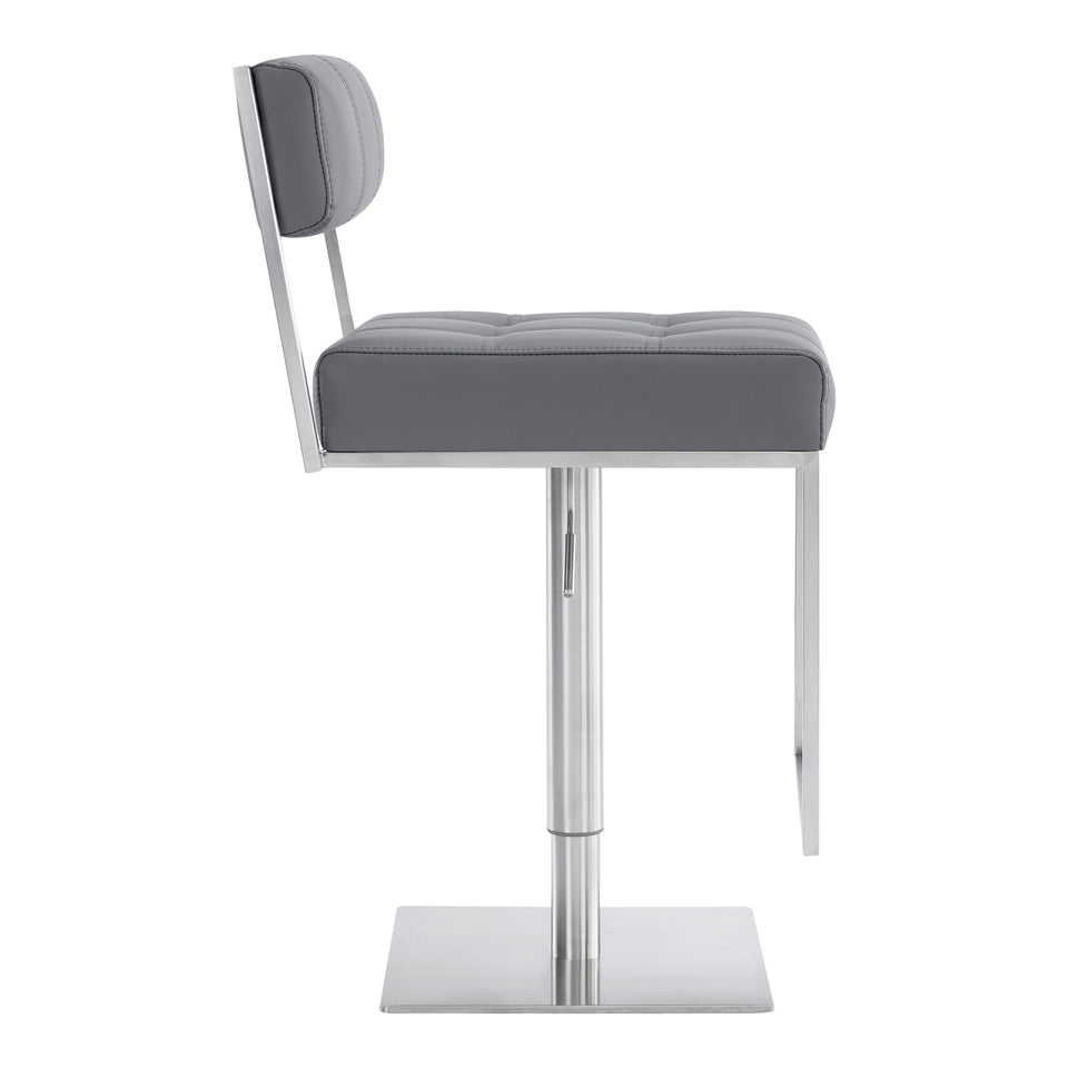 Michele Contemporary Swivel Barstool in Brushed Stainless Steel and Gray Faux Leather