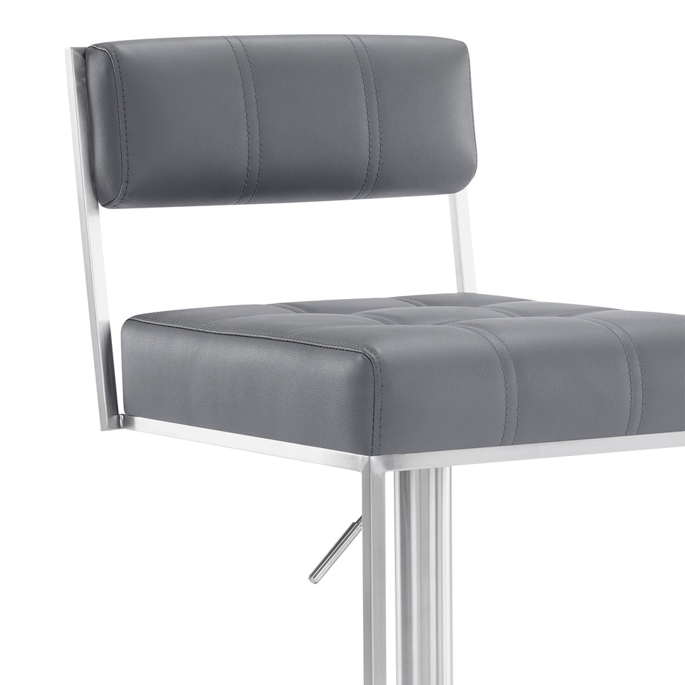 Michele Contemporary Swivel Barstool in Brushed Stainless Steel and Gray Faux Leather