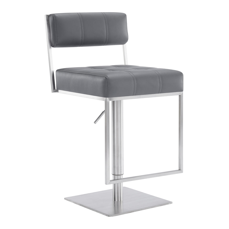 Michele Contemporary Swivel Barstool in Brushed Stainless Steel and Gray Faux Leather