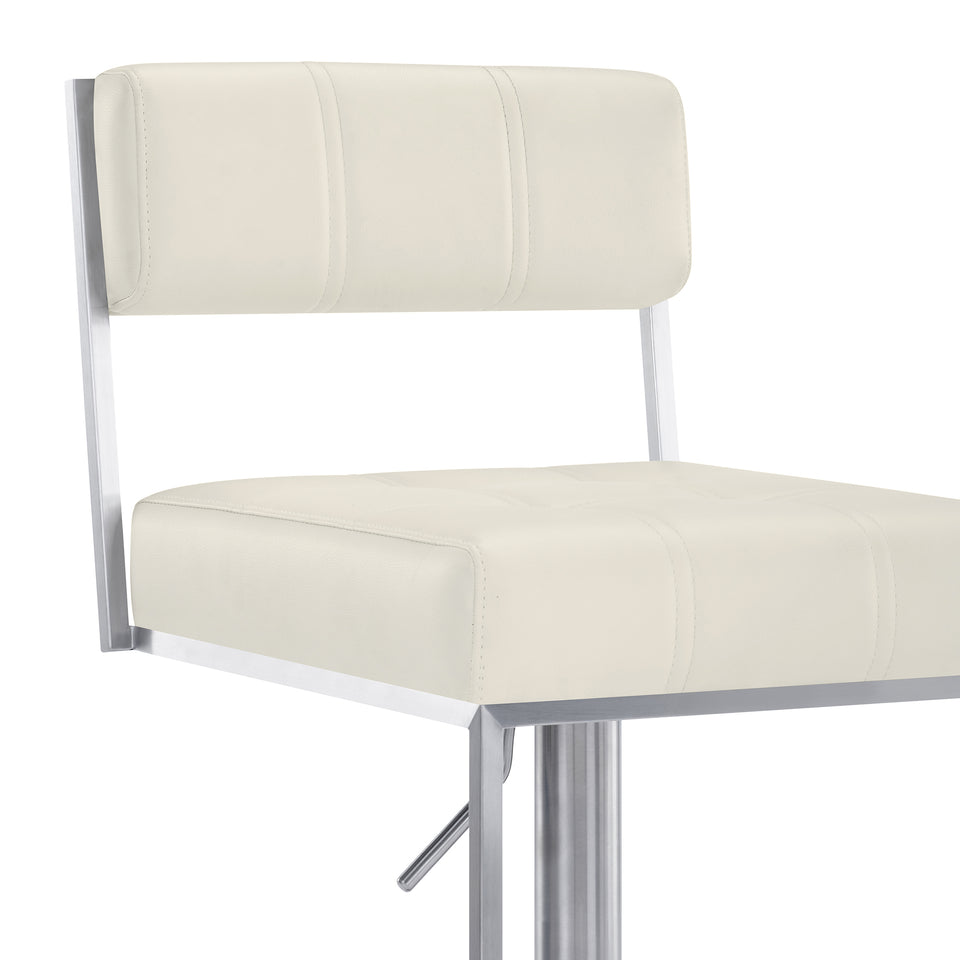 Michele Contemporary Swivel Barstool in Brushed Stainless Steel and White Faux Leather