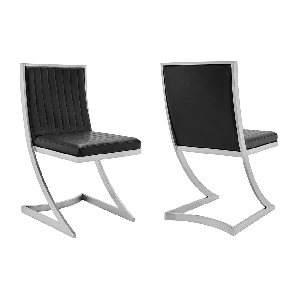 Marc Vinage Black Faux Leather and Brushed Stainless Steel Dining Room Chairs - Set of 2