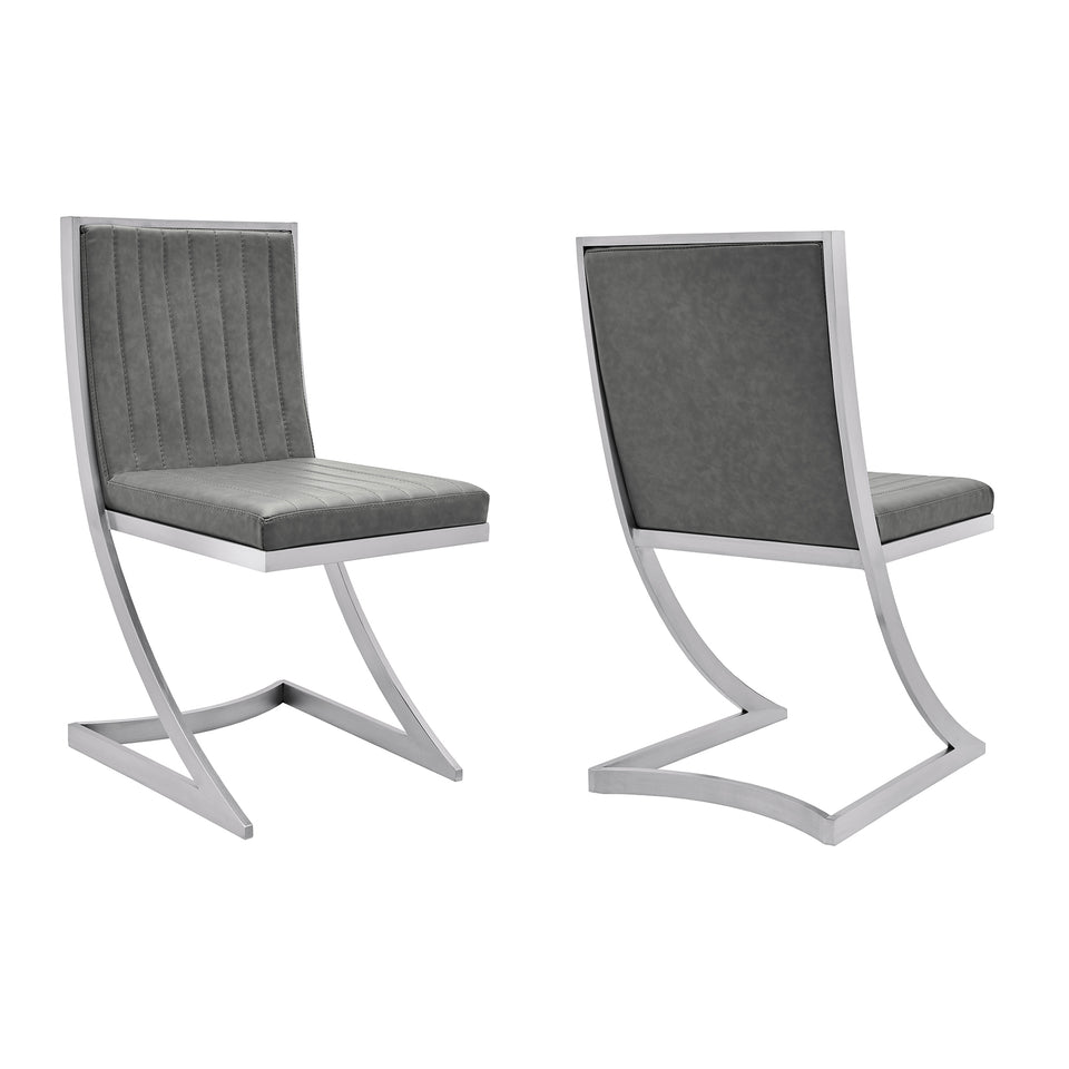 Marc Vintage Gray Faux Leather and Brushed Stainless Steel Dining Room Chairs - Set of 2