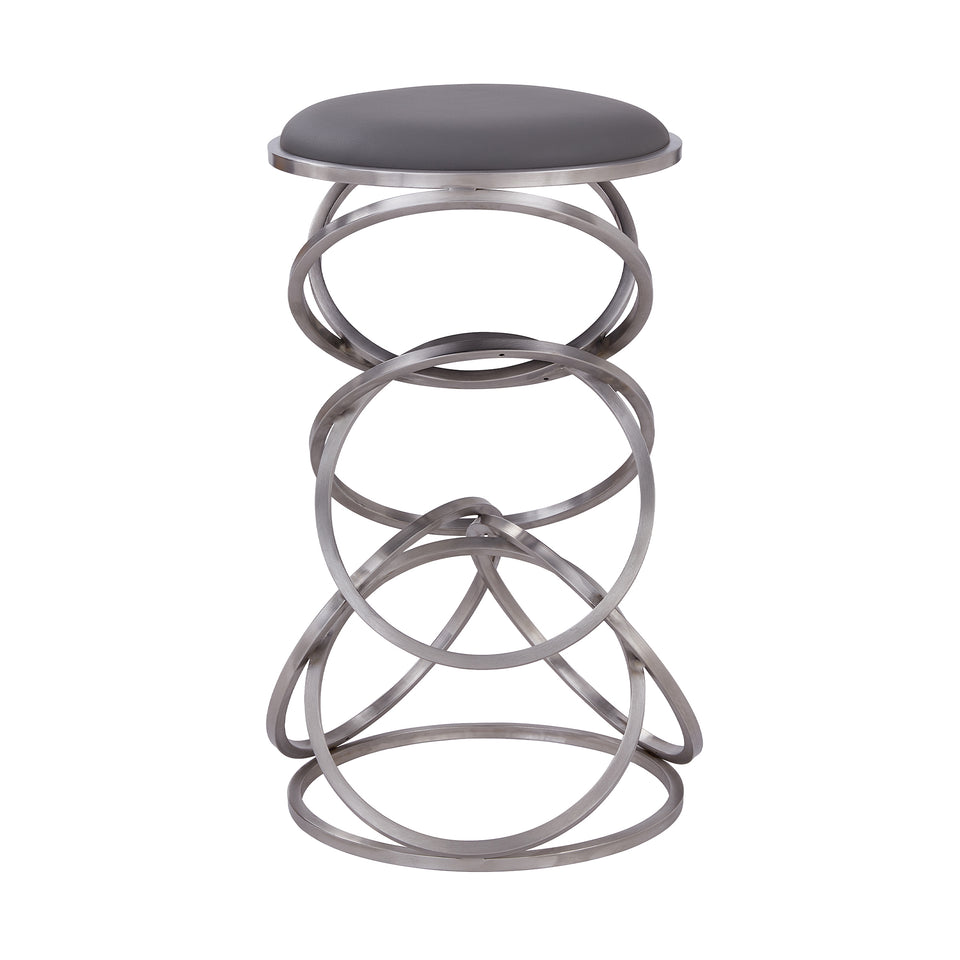 Medley Contemporary 30" Bar Height Barstool in Brushed Stainless Steel Finish and Gray Faux Leather