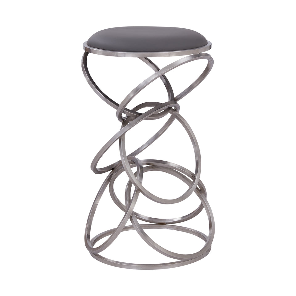 Medley Contemporary 30" Bar Height Barstool in Brushed Stainless Steel Finish and Gray Faux Leather