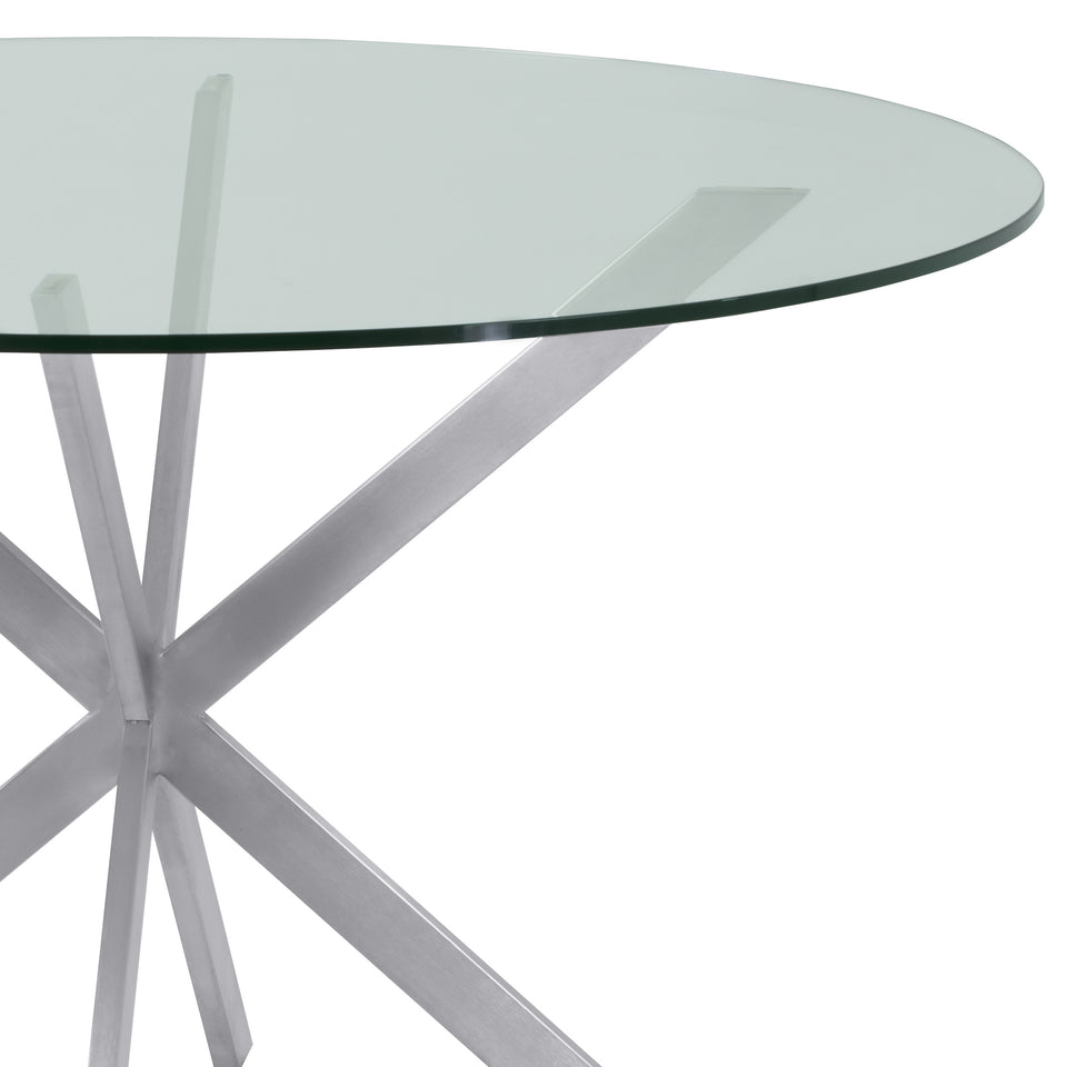 Mystere Round Dining Table in Brushed Stainless Steel with Clear Tempered Glass Top