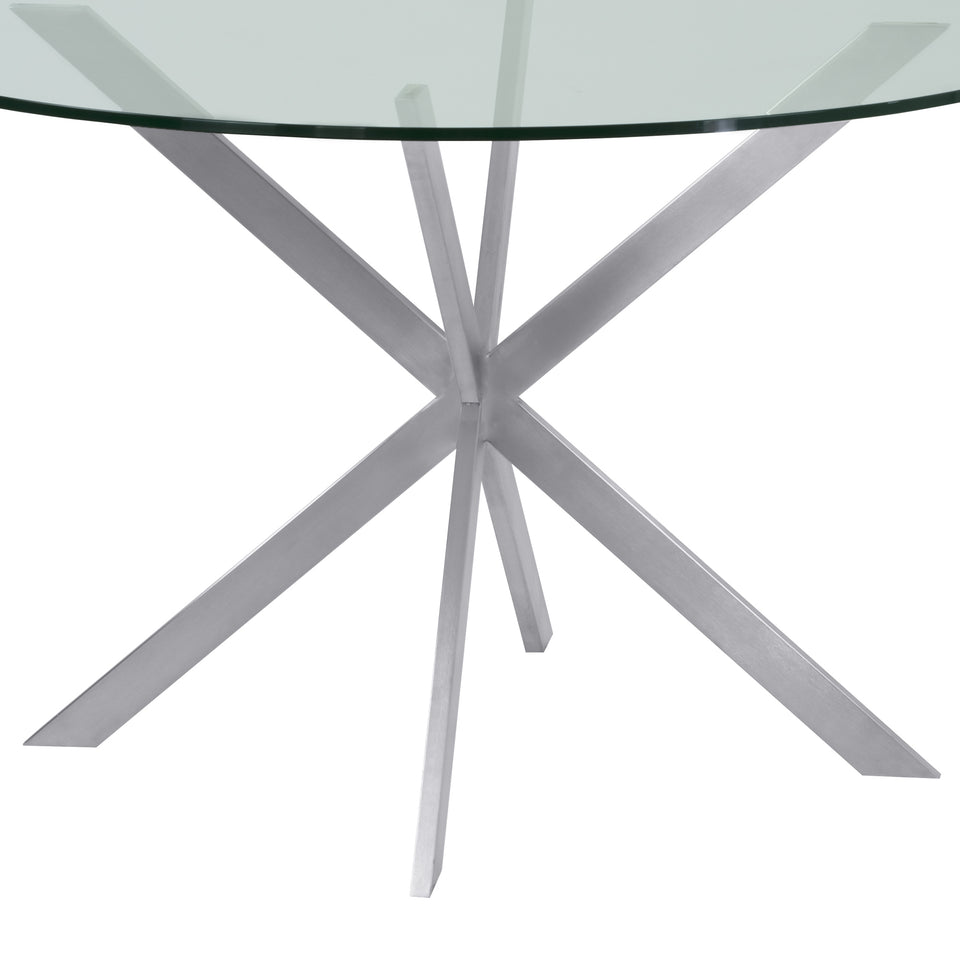 Mystere Round Dining Table in Brushed Stainless Steel with Clear Tempered Glass Top