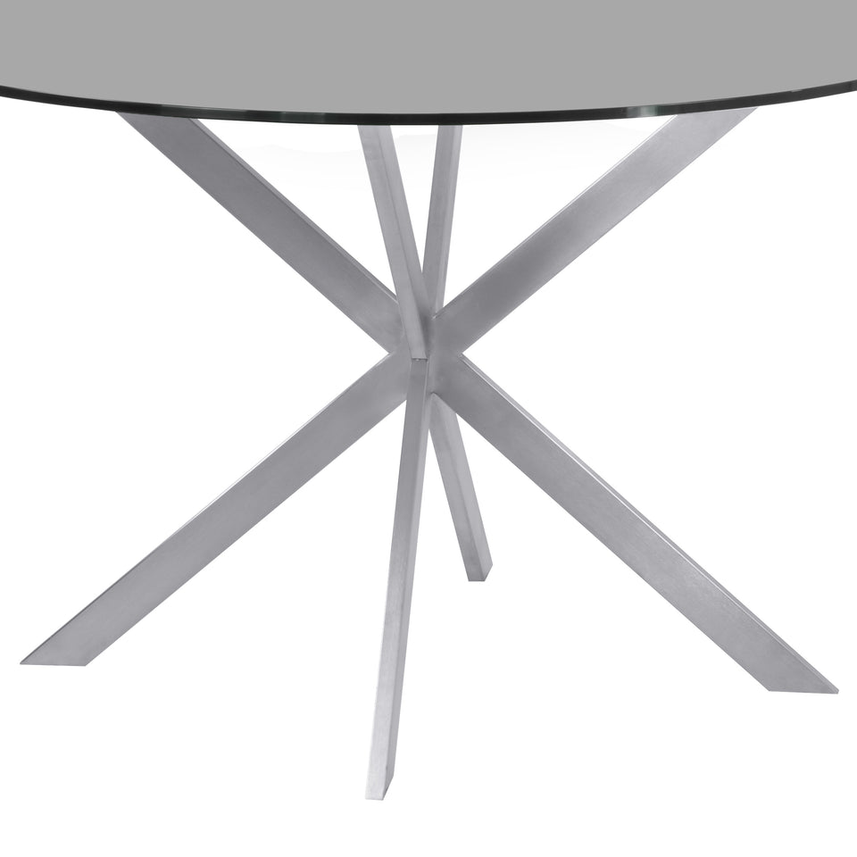 Mystere Round Dining Table in Brushed Stainless Steel with Gray Tempered Glass Top