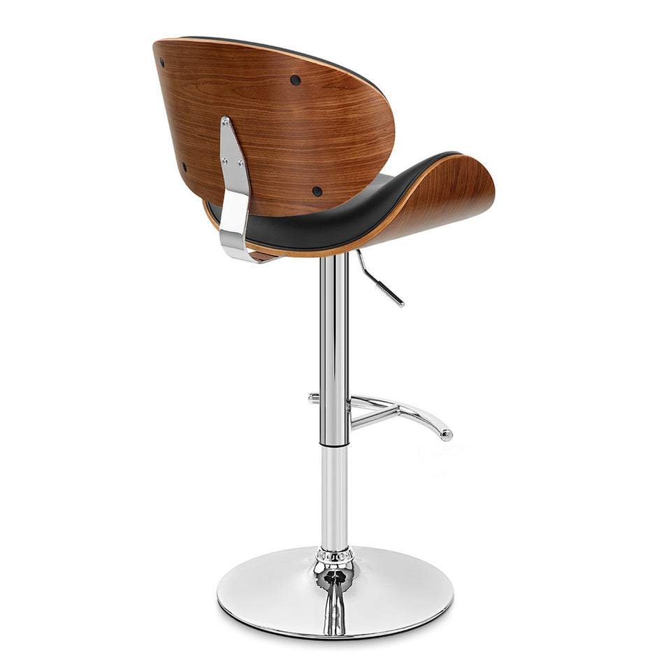 Naples Swivel Barstool in Chrome finish with Black Faux Leather and Walnut Veneer Back