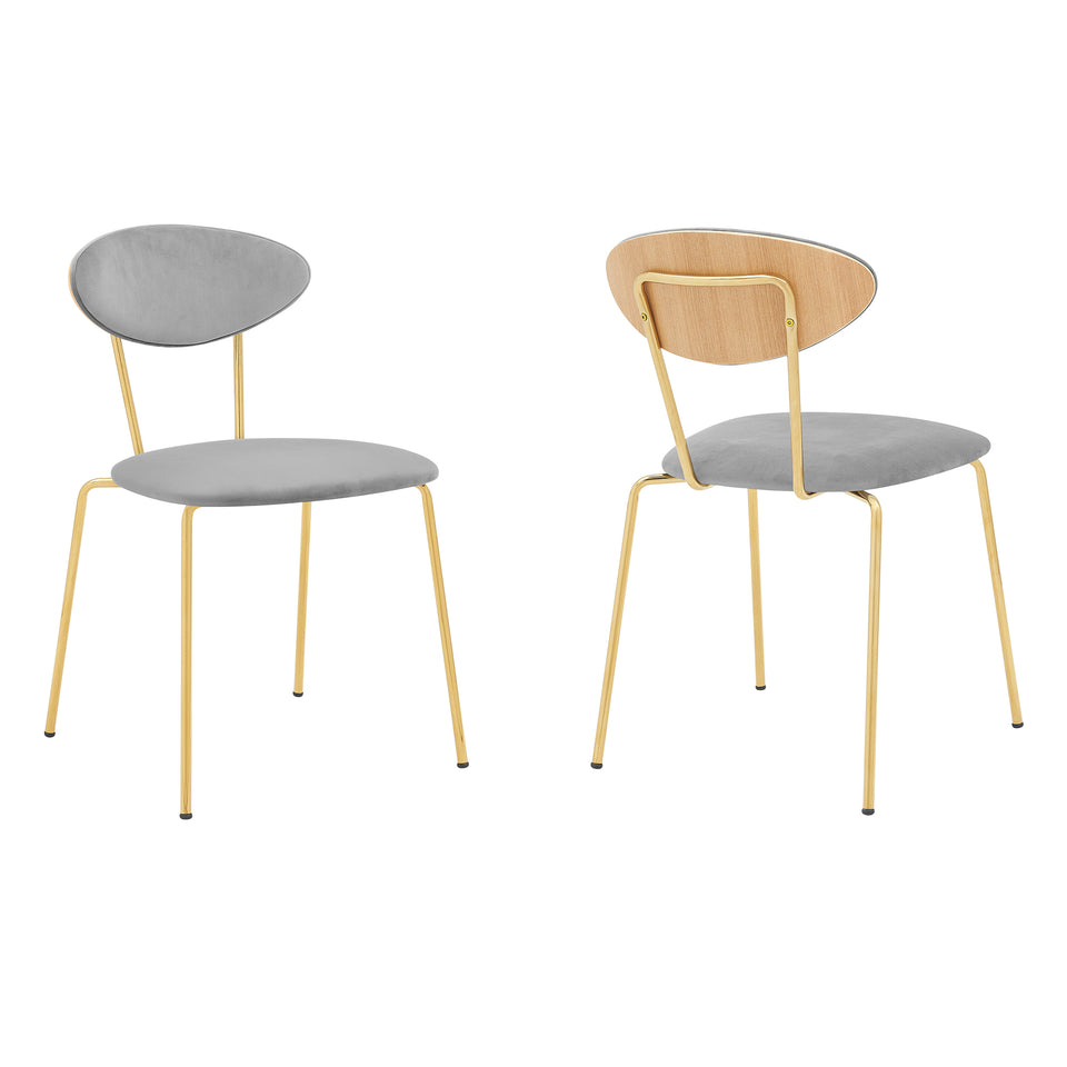 Neo Modern Gray Velvet and Gold Metal Leg Dining Room Chairs - Set of 2