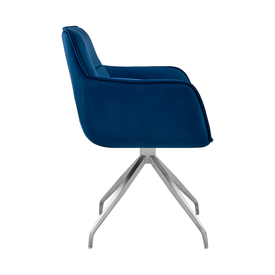 Noah Dining Room Accent Chair in Blue Velvet and Brushed Stainless Steel Finish