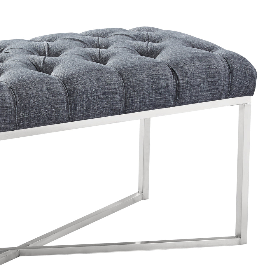 Noel Contemporary Bench in Slate Gray Linen and Brushed Stainless Steel Finish