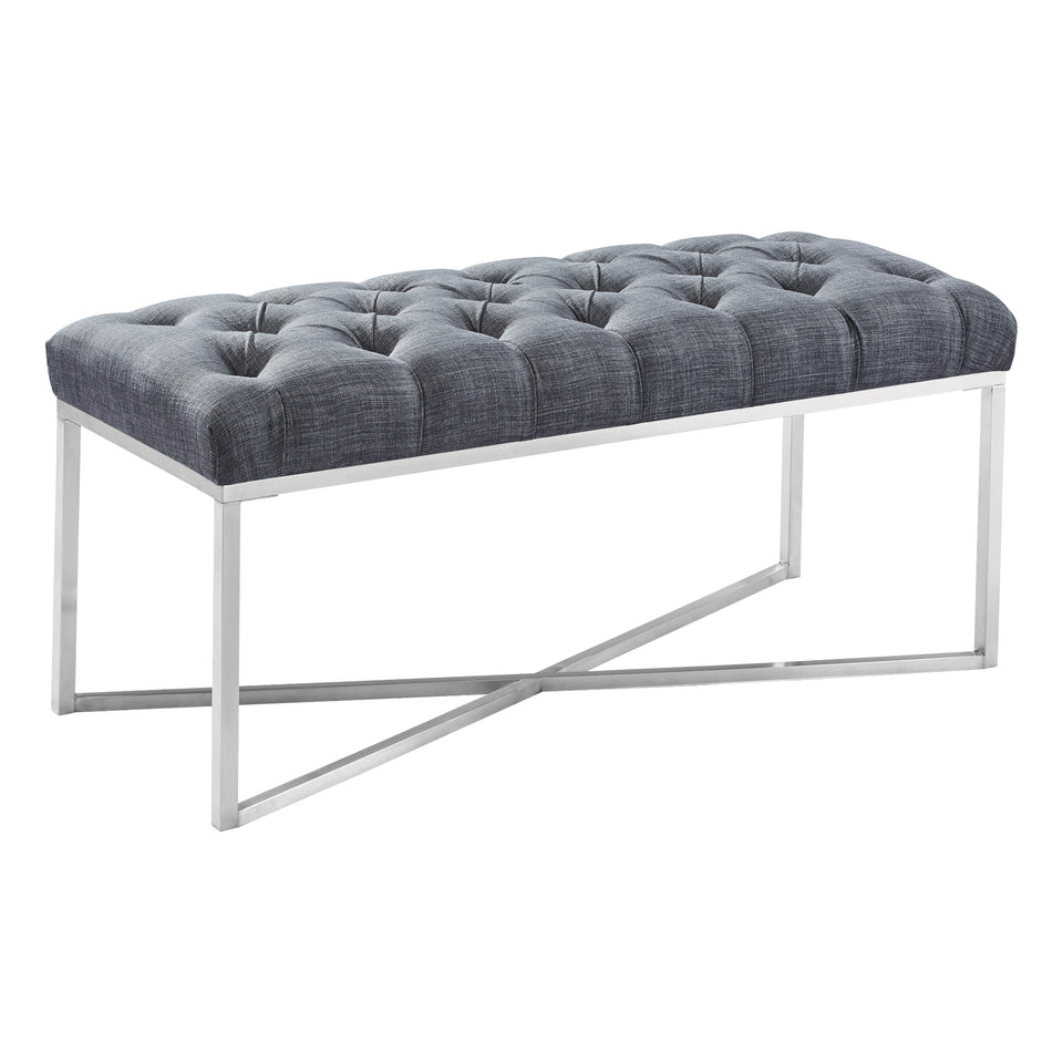 Noel Contemporary Bench in Slate Gray Linen and Brushed Stainless Steel Finish