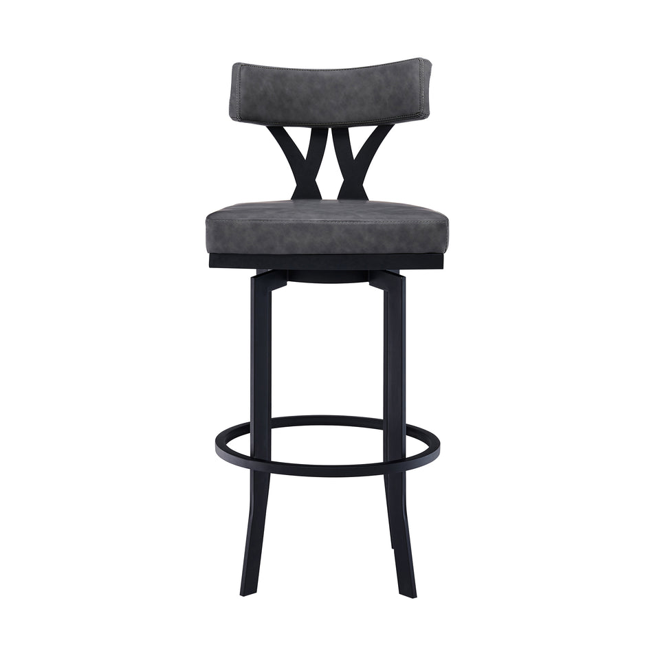 Natalie Contemporary 26" Counter Height Barstool in Black Powder Coated Finish and Vintage Gray Faux Leather