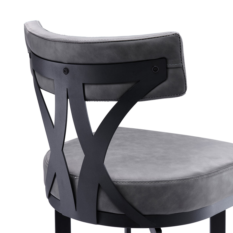Natalie Contemporary 26" Counter Height Barstool in Black Powder Coated Finish and Vintage Gray Faux Leather