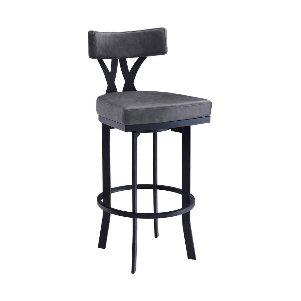 Natalie Contemporary 26" Counter Height Barstool in Black Powder Coated Finish and Vintage Gray Faux Leather