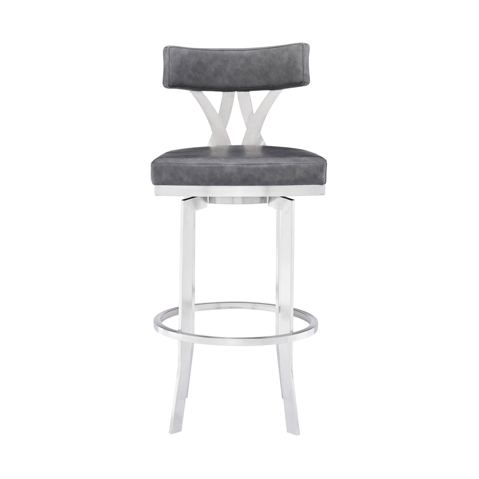 Natalie Contemporary 26" Counter Height Barstool in Brushed Stainless Steel Coated Finish and Vintage Gray Faux Leather