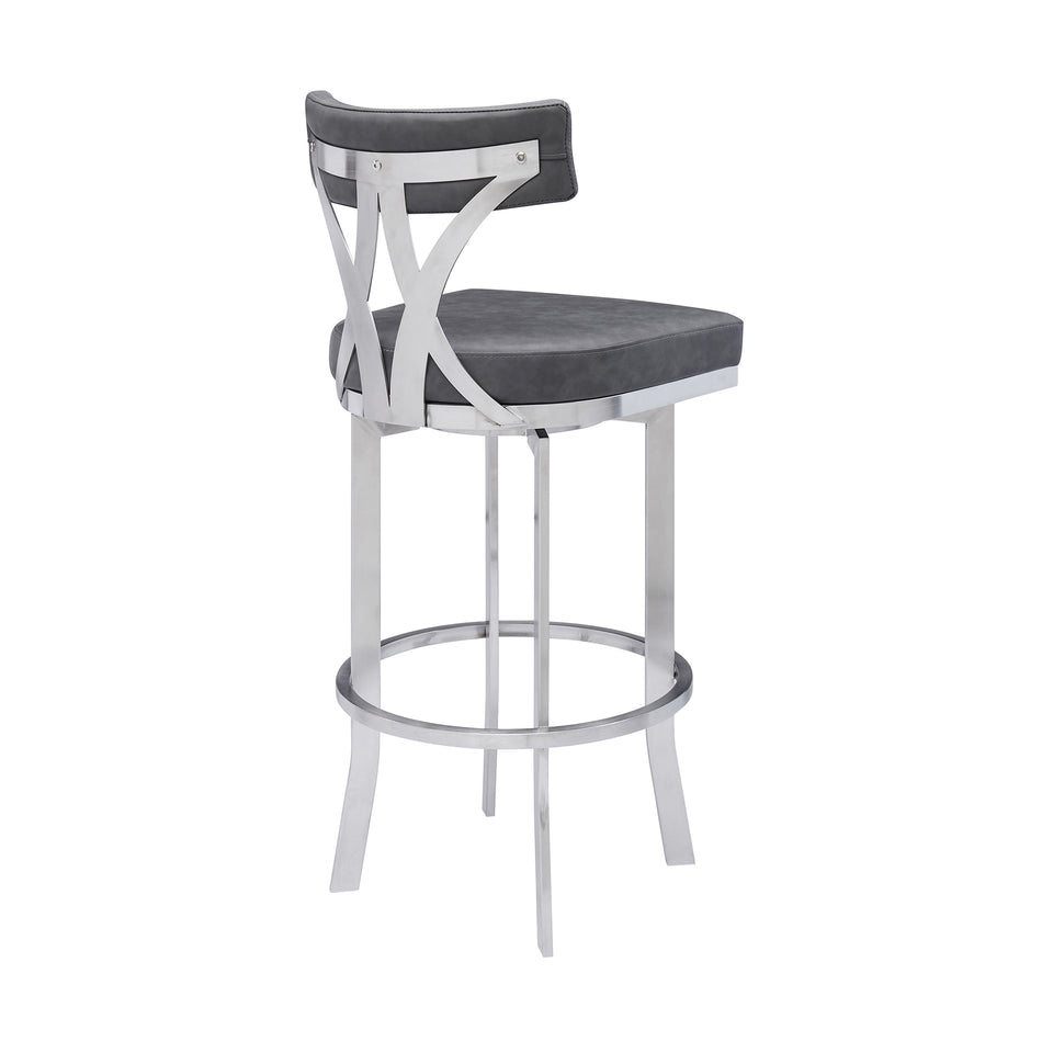 Natalie Contemporary 26" Counter Height Barstool in Brushed Stainless Steel Coated Finish and Vintage Gray Faux Leather