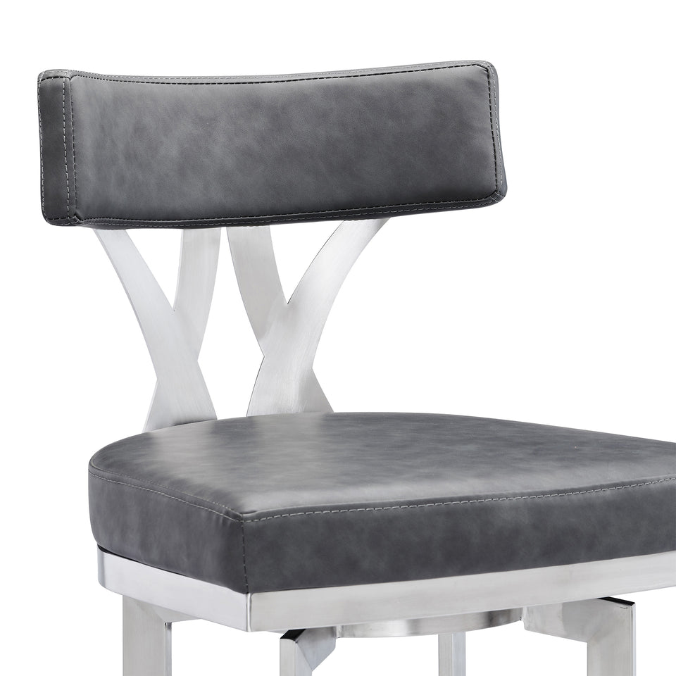 Natalie Contemporary 26" Counter Height Barstool in Brushed Stainless Steel Coated Finish and Vintage Gray Faux Leather