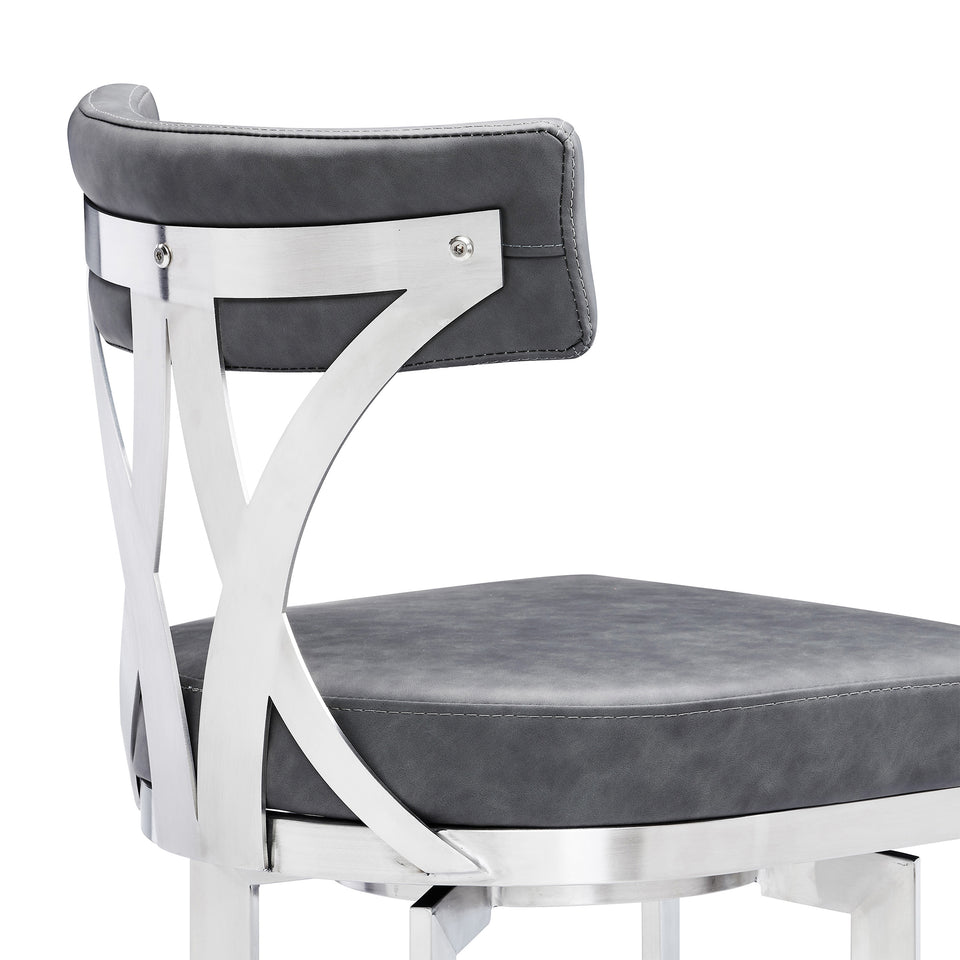 Natalie Contemporary 26" Counter Height Barstool in Brushed Stainless Steel Coated Finish and Vintage Gray Faux Leather