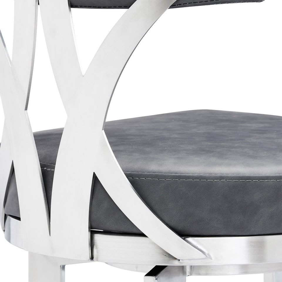 Natalie Contemporary 26" Counter Height Barstool in Brushed Stainless Steel Coated Finish and Vintage Gray Faux Leather