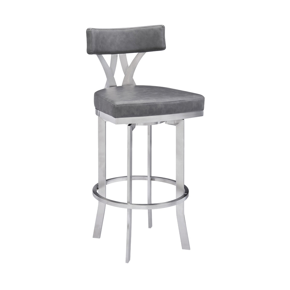 Natalie Contemporary 26" Counter Height Barstool in Brushed Stainless Steel Coated Finish and Vintage Gray Faux Leather