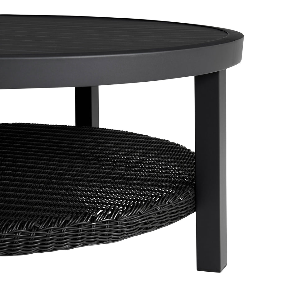 Cayman Black Aluminum Outdoor Round Conversation Table with Wicker Shelf