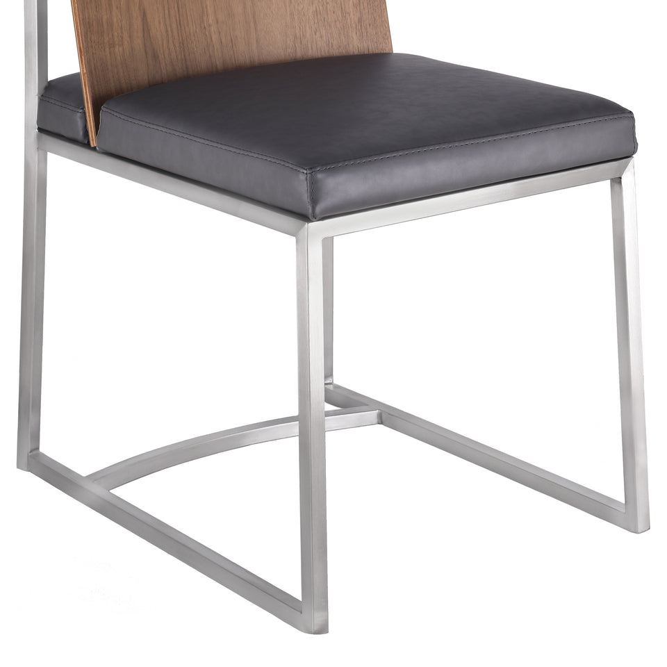 Oxford Dining Chair in Brushed Stainless Steel with Vintage Gray Faux Leather and Walnut Wood Back (Set of 2)