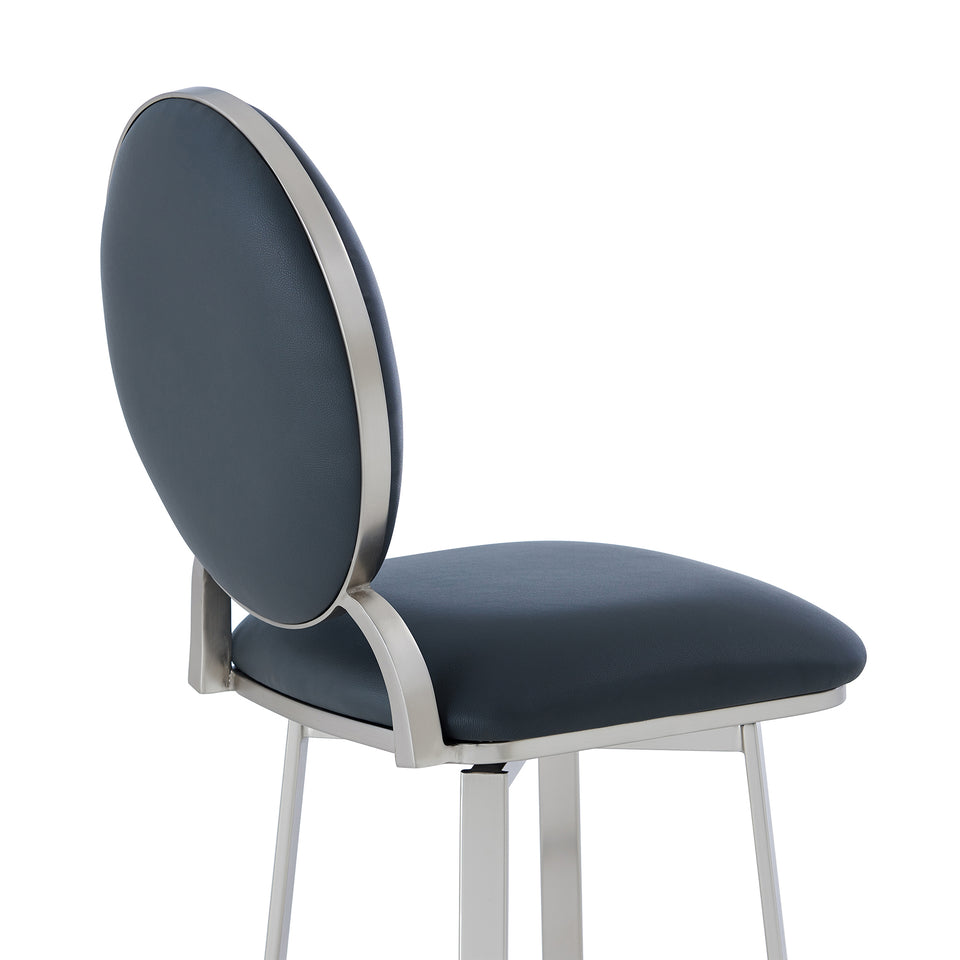 Pia Contemporary 30" Bar Height Barstool in Brushed Stainless Steel Finish and Gray Faux Leather