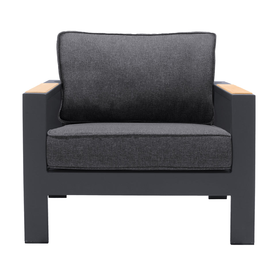 Palau Outdoor Chair in Dark Grey with Natural Teak Wood Accent and Cushions