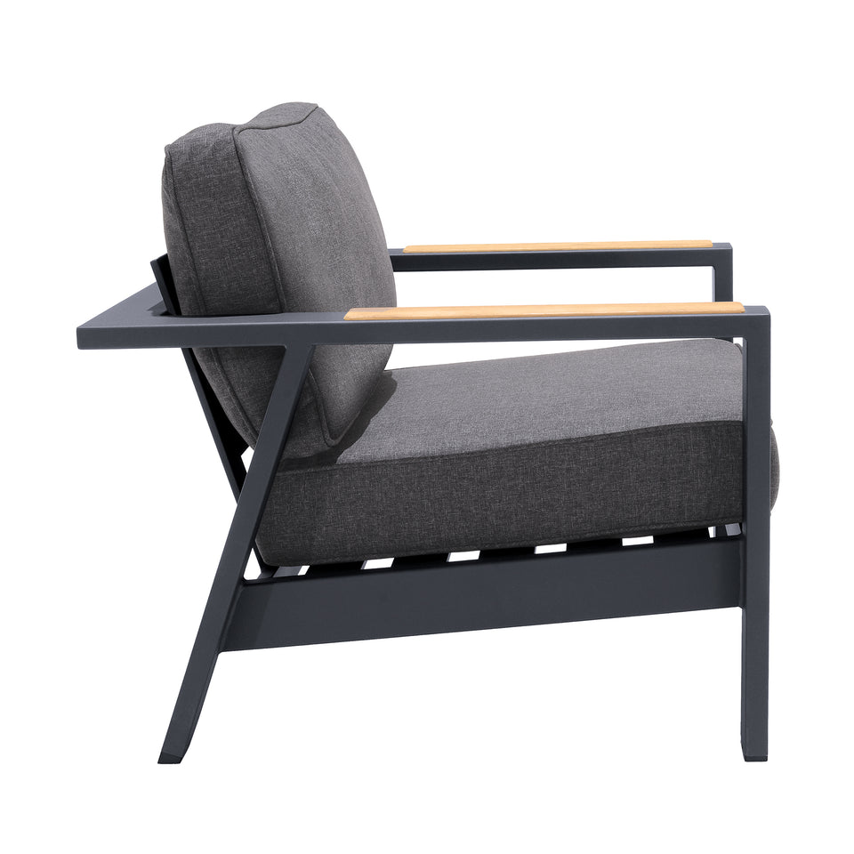Palau Outdoor Chair in Dark Grey with Natural Teak Wood Accent and Cushions