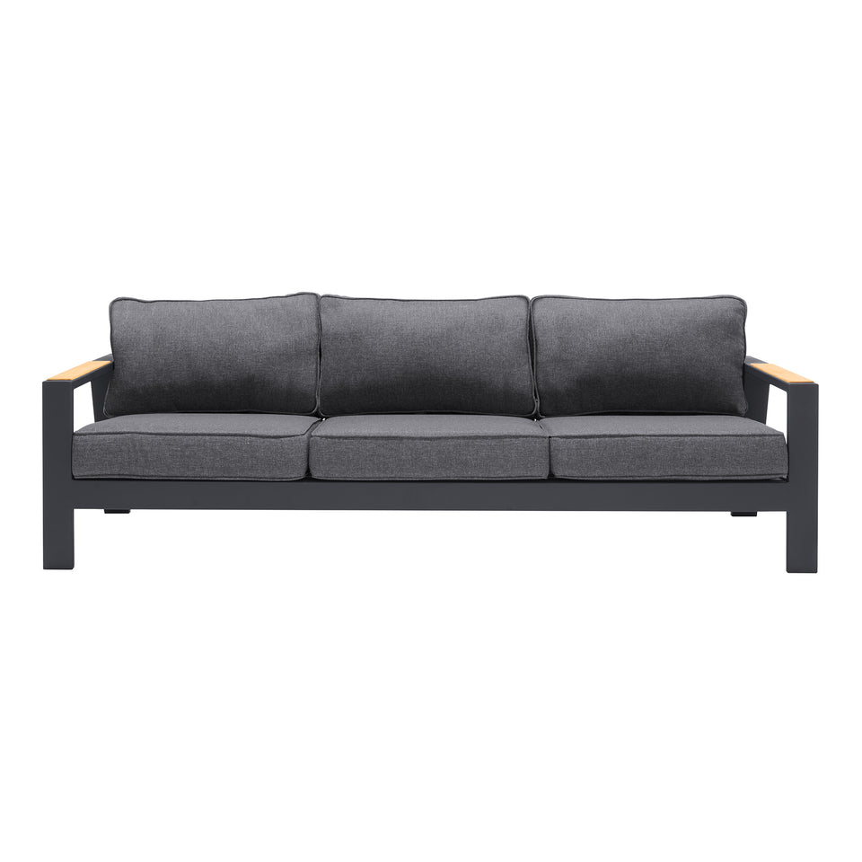 Palau Outdoor Sofa in Dark Grey with Natural Teak Wood Accent and Cushions