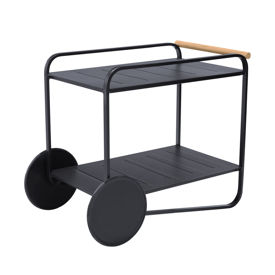 Portals Outdoor Accent Cart in Black Finish and Natural Teak Wood Accent